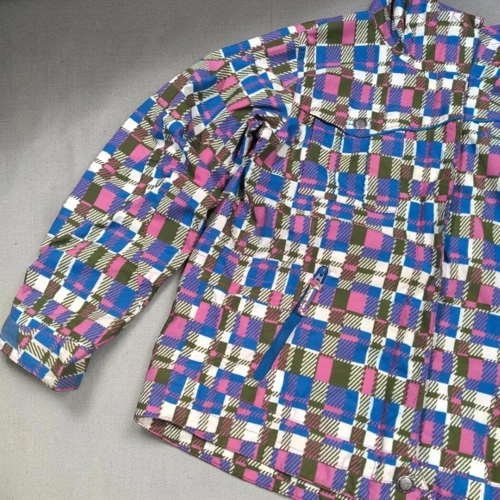 Columbia Youth Girls 10/12 Waterproof Rain Jacket Hooded Pink Blue Plaid SG 7424